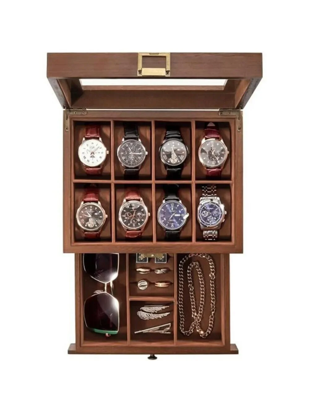 Wood Watch Box for Men 8 Slot Display Case with Drawer Jewelry Organizer